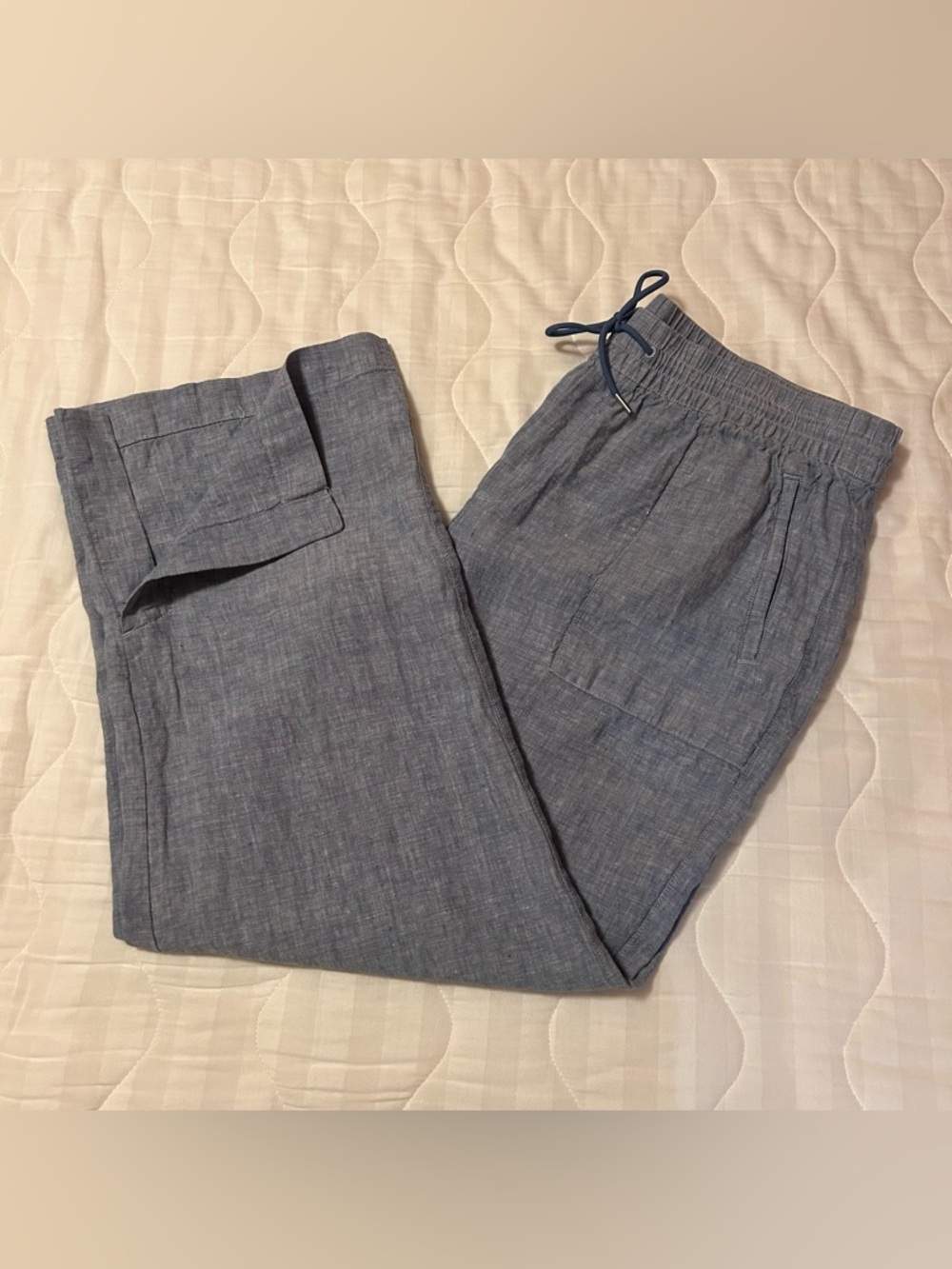 Athleta Cabo Pants 100% Linen Wide Leg Chambray Womens 16 Beachy Pull On Coastal